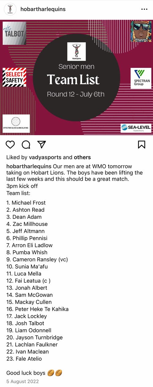 Team List - Hobart Harlequins