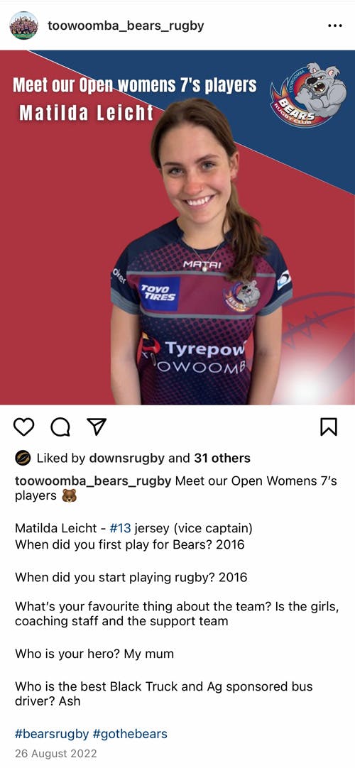 Player Profile Instagram - Toowoomba Bears