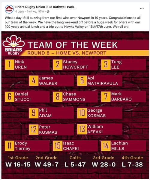 Team of the Week - Briars Facebook